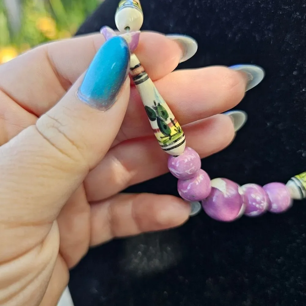 Vintage Peruvian Hand painted Ceramic Bead Necklace with Cactus and Llamas